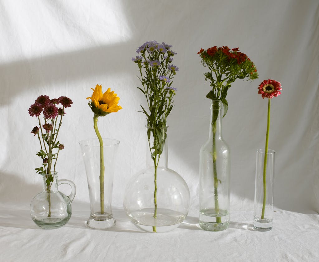 A variety of flowers elegantly arranged in transparent glass vases against a neutral backdrop.